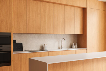 Modern kitchen with wooden cabinets and sleek design. 3D Rendering