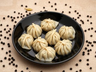 Fototapeta premium Dumplings in a black plate surrounded by scattered black peppercorns and bay leaves, rich textures, savory aromas, elegant presentation