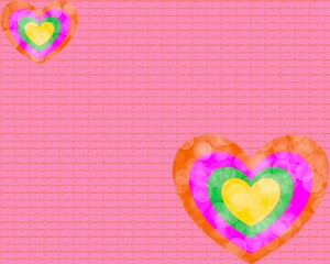 The image features a pink textured background with two multicolored, layered hearts that have a glowing bokeh effect.