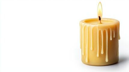 Burning candle with wax drips on a white background. Concept of relaxation, celebration, and decoration.