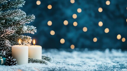 Christmas background with candles, snow, and bokeh lights. Festive winter scene with copy space.