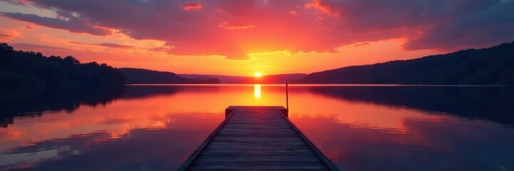 Obraz premium Serene sunset reflected on still lake water, dock silhouette , peaceful, evening