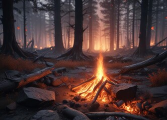 Obraz premium Embers glowing in the darkness of a desolate forest floor, wilderness, nature, night