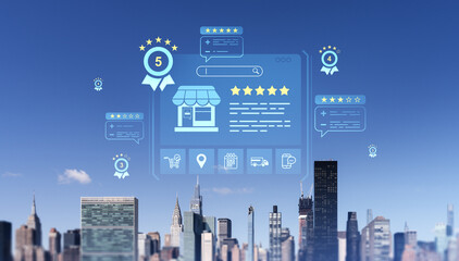 Obraz premium Digital customer feedback and star rating system over city skyline.