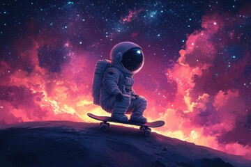 Astronaut skateboarding on a cosmic landscape under vibrant stars