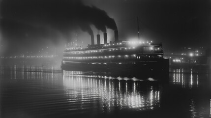 Fototapeta premium A steamboat at night its lights flashing along its_010