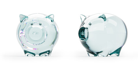 Two glass piggy banks on a white background. 3D Rendering