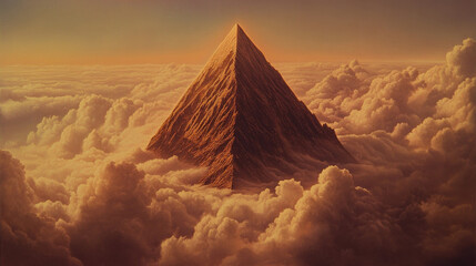 A solitary mountain peak emerging from dense clouds, bathed in warm evening light, dramatic contrast between light and shadow