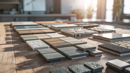 Various tile samples arranged on wooden table in bright workspace for home renovation planning