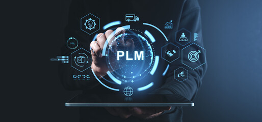 Person interacting with PLM interface on tablet.