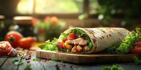 Delicious wrap filled with grilled chicken, fresh vegetables, and flavorful herbs served on a wooden board