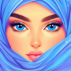 Portrait of a young muslim woman with blue eyes wearing a light blue hijab