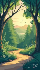 Naklejka premium Serene pathway through lush forest at sunset, nature's tranquility