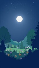 Naklejka premium Moonlit garden landscape with flowers under starry sky, tranquility