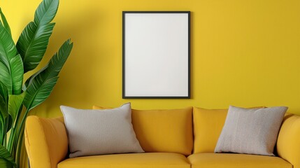 Bright yellow couch with a lush green plant nestled in the corner of a stylish room filled with natural light