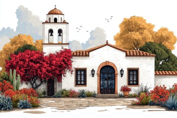 Naklejka premium Colorful adobe building surrounded by vibrant flowers in a serene garden setting
