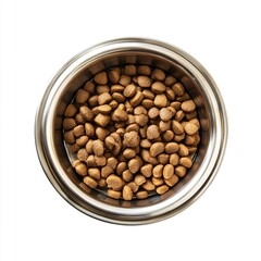 The metal pet bowl with dry food top view isolated on white background  