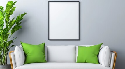 Elegant green plant in a bright white room featuring a cozy white sofa and complementary green pillow for style