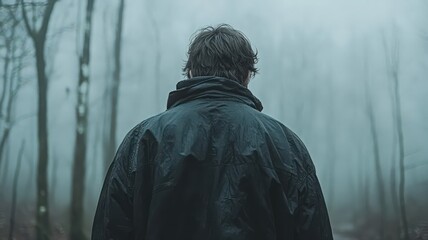 Man in Dark Jacket in Misty Forest