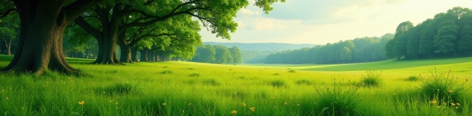 Vast, grassy meadow bordered by ancient trees, meadow, view