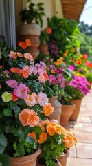 Potted blooms lining sunny patio space outdoor