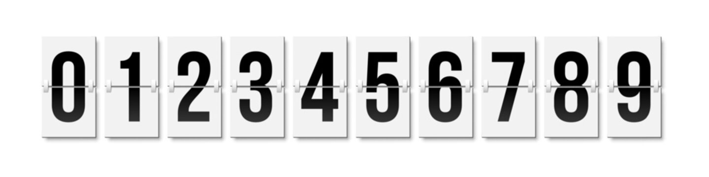 Flip countdown numbers set. Grey flipboard display with numbers from 0 to 9 isolated on white background. Vector illustration in design of old-fashioned analog scoreboard or airport departure board.