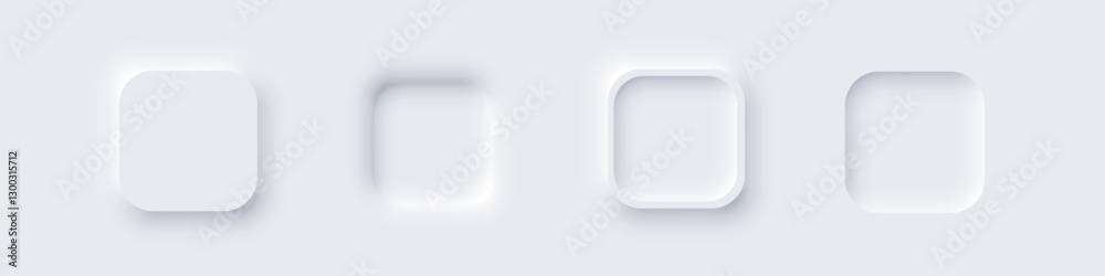 Poster White square web buttons. Soft glowing circular UI elements in modern neomorphism style. Abstract 3D buttons with subtle shadows and light effects. Minimalist vectors for apps, digital interfaces.