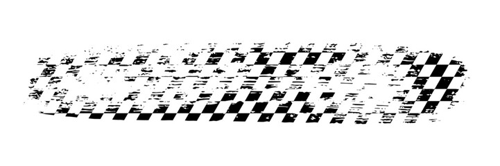 Grunge racing flag pattern with a distressed texture in black and white. Tire track with diagonal checkered design for motorsport themes, banners, graphics overlays. Abstract vector illustration.