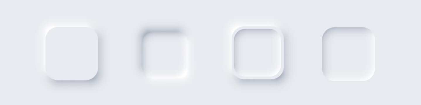 White square web buttons. Soft glowing circular UI elements in modern neomorphism style. Abstract 3D buttons with subtle shadows and light effects. Minimalist vectors for apps, digital interfaces.