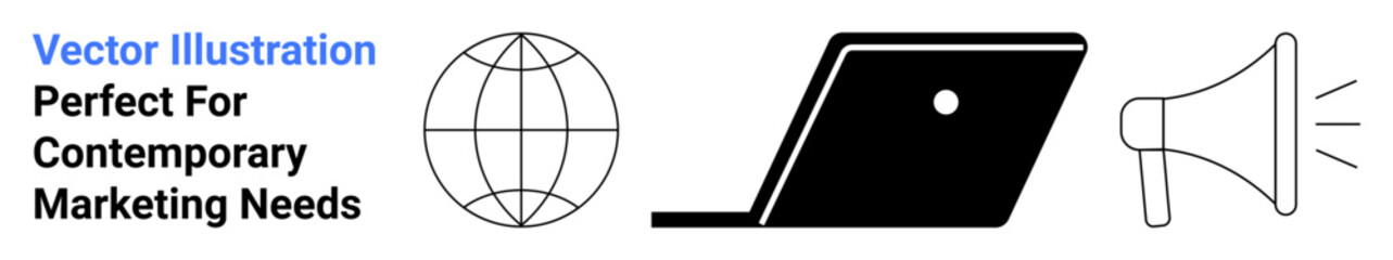 Globe, laptop, and megaphone highlight themes of digital marketing, global outreach, online communication, branding, networking, information sharing and strategy. Ideal for education business