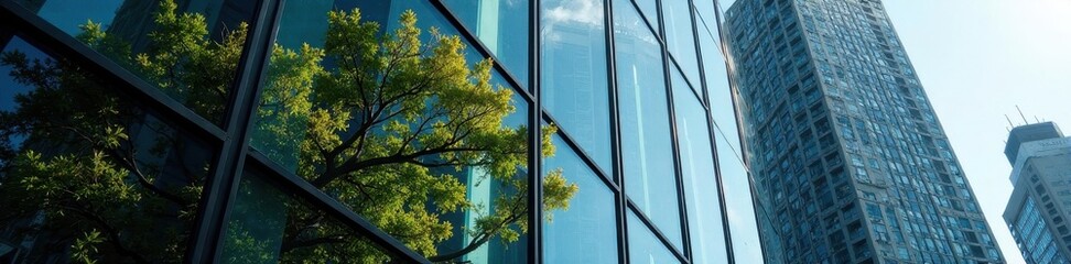 Distorted tree reflections on skyscraper glass, visual art, design, beauty