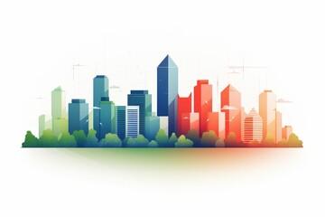 Obraz premium Skyline of a city at dawn, buildings, trees and light, for city planning, construction, and environmental projects