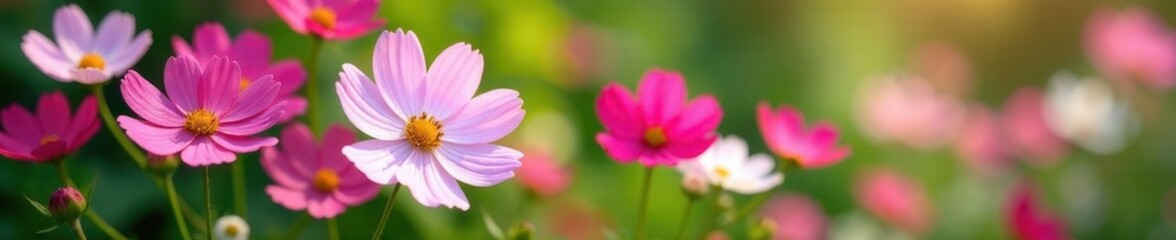 Pink and white cosmos flowers in a lush garden setting , bloom, close-up, image