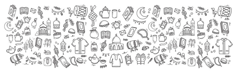 Set of vector doodle element related to Eid Mubarak and Ramadan. Set of hand drawn symbols and icons for holy Muslim festival Eid ul-Fitr