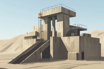 Abstract diorama of a desolate, architectural structure surrounded by arid landscape showcasing modernist design principles and muted color palette in a surreal environment