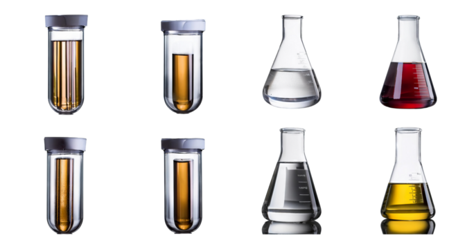 Laboratory Glassware with Various Liquids for Scientific Research, isolated on transparent background
