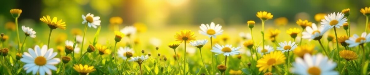 Sun-drenched meadow, abundant white & pink daisies, yellow dandelions , wildlife, meadow