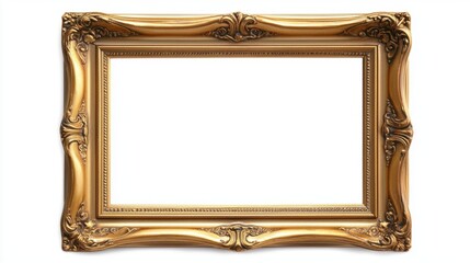 Gold picture frame with ornate details on a white background. Perfect for displaying art or photos.