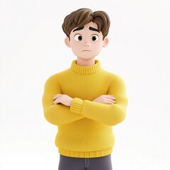Think question doubt cartoon character young adult man boy teen person in yellow sweater in 3d style design on light background. Human people feelings 