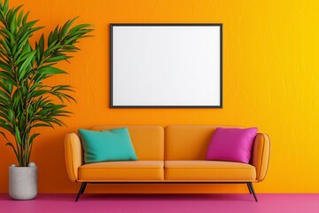 Inviting living room with a cozy couch and a lush green plant creating a relaxed and comfortable atmosphere