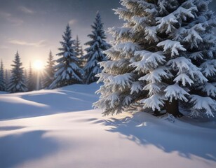 Frosty Christmas tree in the distance under a blanket of fresh snow with a silvery glow, serene landscape, frosted pine