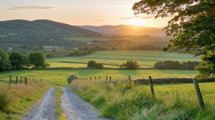 A peaceful sunset pathway flanked by calm grasslands and majestic distant mountains