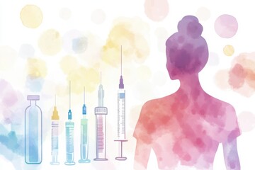 Fototapeta premium Abstract illustration of a woman silhouette with various syringes and a vial on a colorful watercolor background, symbolizing health, medicine, and healthcare concepts.