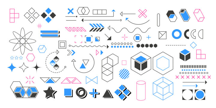 Set of geometric shapes. Futuristic design elements. Abstract geometric symbols. Squares and cubes, circles and hexagons. Vector illustration.