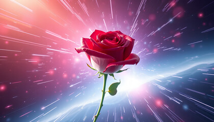 Futuristic neon-lit rose with glowing edges, floating in a cyberpunk cityscape at night, surrounded by holographic petals