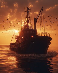 Fototapeta premium Night fishing on a seiner the vessel illuminates t_006