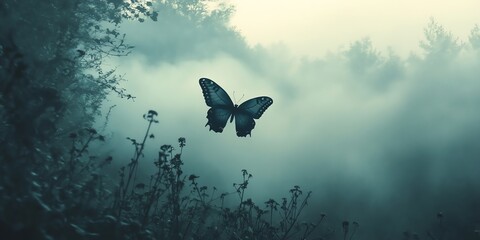 Fototapeta premium Butterfly Flying Through Foggy Forest Landscape with Atmospheric Light