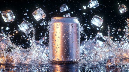 Sparkling can, ice cubes, water splash, vibrant drink, dramatic lighting, studio shot