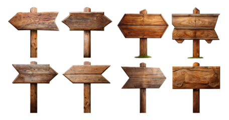 Rustic Wooden Directional Signs for Outdoor or Indoor Use, Bundle Set Collection, Isolated on Transparent Background