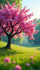 Fototapeta premium A vibrant pink flowering tree in a sunlit meadow, japanese cherry, nature, flowering tree